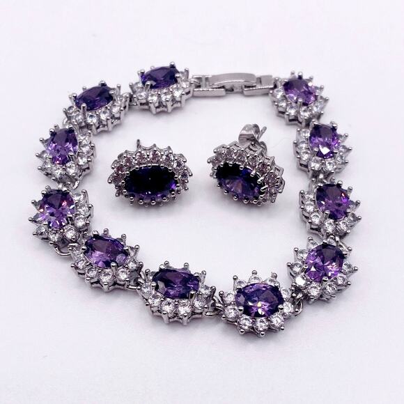 High Quality Rhodium and Silver Plated Bracelet and Studs Earrings-Lab Amethyst - Picture 1 of 6